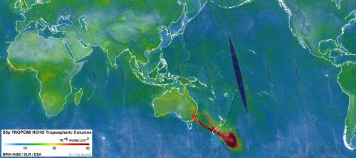 A plume of formaldehyde gas is seen travelling southeast over New Zealand